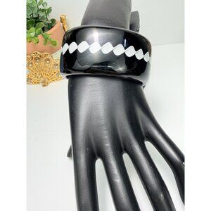 Vintage Art Murano Glass Black & White Wave Cuff Bracelet Wide Statement